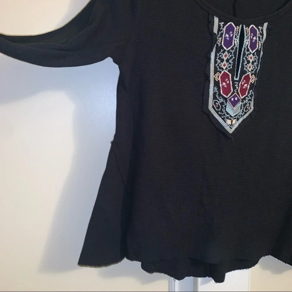 Shyanne Embroidered Black 100% Cotton Raw Hem Thermal Shirt